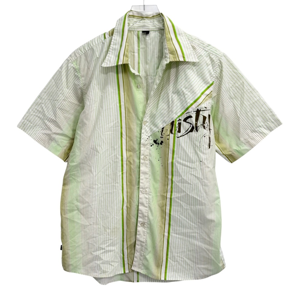 Y2K Rusty Surfer Men L Short Sleeve Button Up Shirt Green Striped Graphic Skater